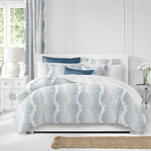 Set of 3 White and Blue Distressed Paisley Duvet Cover with Pillow Shams - King - IMAGE 1