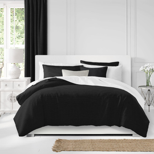 Set of 3 Black Solid Textured Duvet Cover with Pillow Shams - Queen Size - IMAGE 1