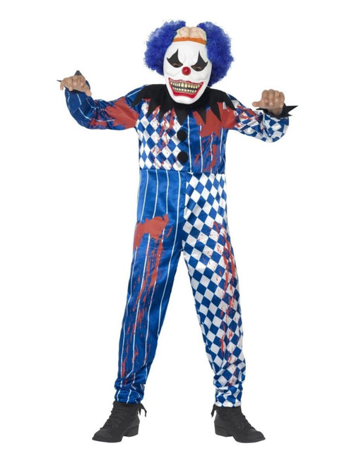 42" Blue and White Deluxe Sinister Clown Boy Tween Halloween Costume - IMAGE 1