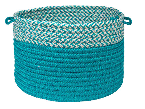 14" Turquoise Blue and White Round Handmade Braided Storage Basket - IMAGE 1