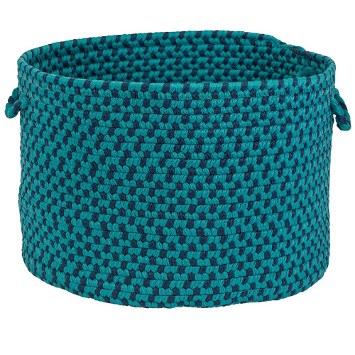 14" Oxford Blue and Natural Teal Round Handmade Braided Basket - IMAGE 1