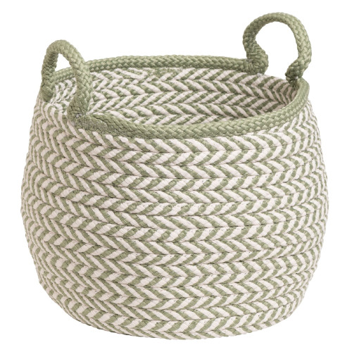18" Green and White Handcrafted Round Braided Basket - IMAGE 1