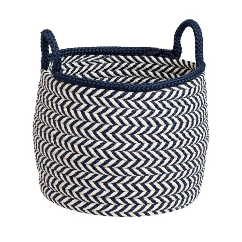12" Navy Blue and White Handcrafted Round Braided Basket - IMAGE 1