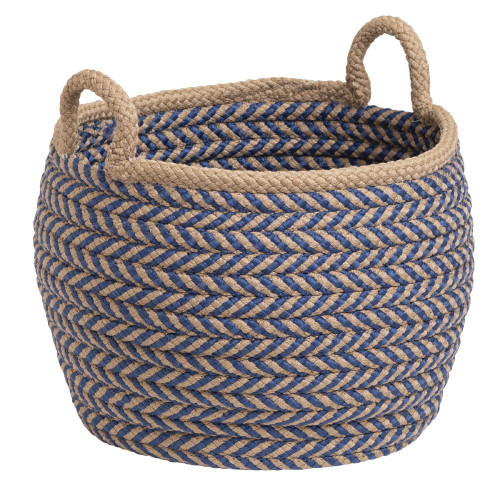 18" Beige and Blue Handcrafted Round Braided Basket - IMAGE 1
