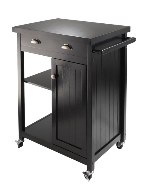34" Black Elegant Timber Kitchen Cart with Wainscot Panel - IMAGE 1