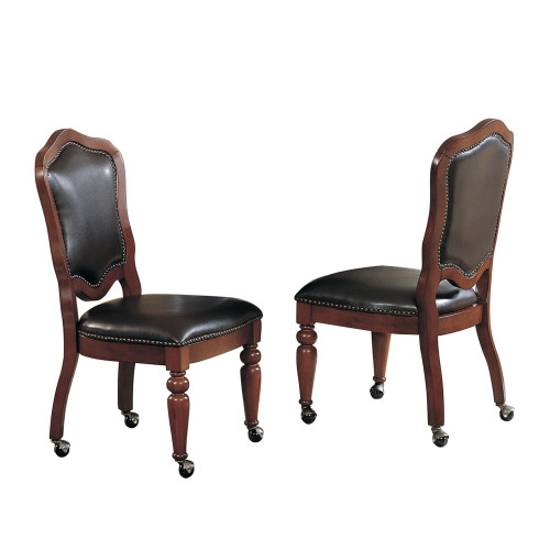 Set of 2 Bellagio Gaming and Dining Brown Cherry Wood Nailheads Casters Chairs - IMAGE 1