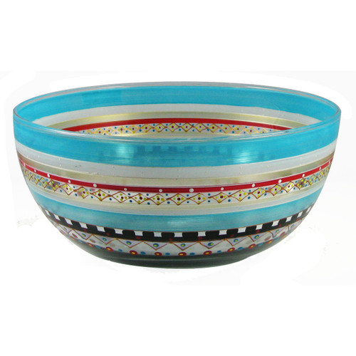 11" Blue Mosaic Carnival Confetti Hand Painted Glass Serving Bowl - IMAGE 1