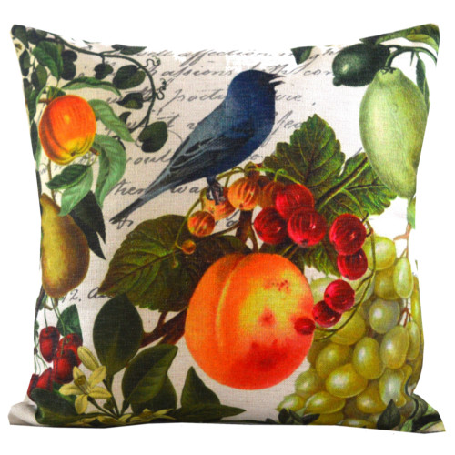 18" White and Blue Bird Fruit Throw Pillow Cover - IMAGE 1