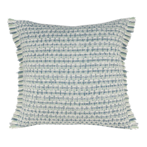 24" Blue and White Interwoven Fringed Outdoor Square Throw Pillow - IMAGE 1