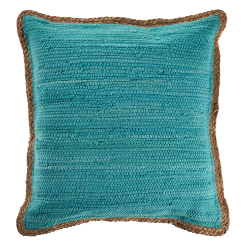 20" Turquoise Blue and Tan Handmade Bordered Square Throw Pillow - IMAGE 1