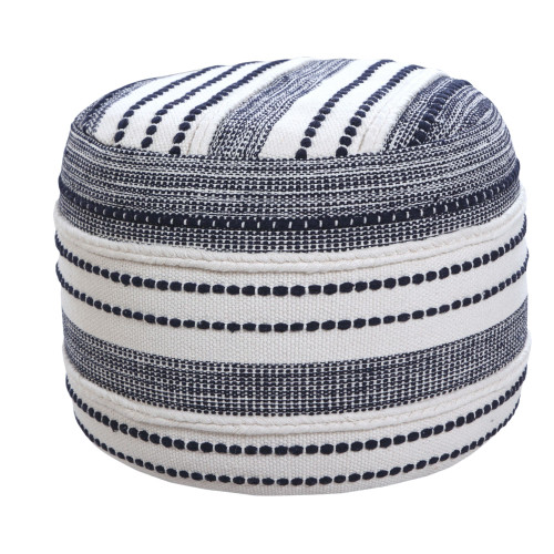 18" Navy and White Seaside Striped Handcrafted Round Pouf Ottoman - IMAGE 1