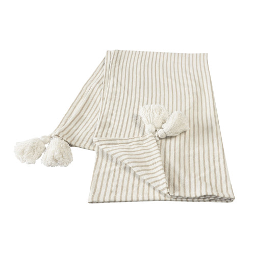 Beige and Ivory Classic Striped Throw Blanket with Tassels 50" x 60" - IMAGE 1