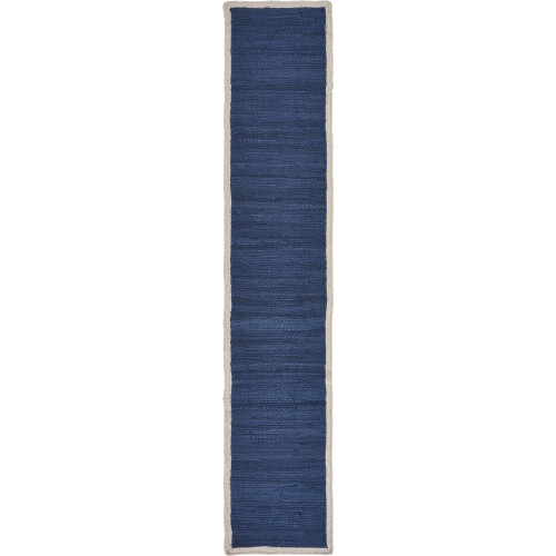 1.25' x 6.5' Indigo Blue and Ivory Bordered Hand Loomed Rectangular Rug Runner - IMAGE 1