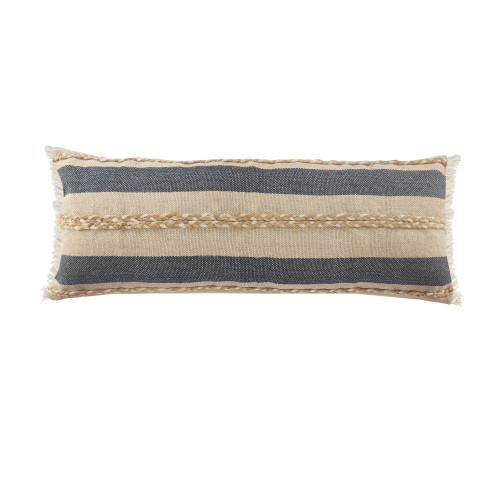 36" Blue and Tan Striped Rectangular Lumbar Pillow with Jute Braiding - IMAGE 1