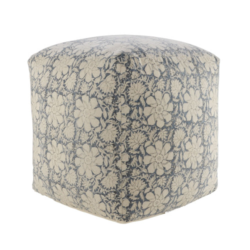 20" Navy Blue and White Floral Handmade Square Pouf Ottoman - IMAGE 1