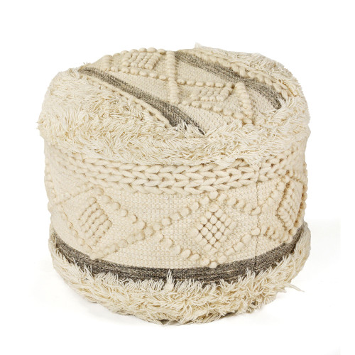 18" Cream and Brown Geometric Tufted Round Wool Pouf Ottoman - IMAGE 1