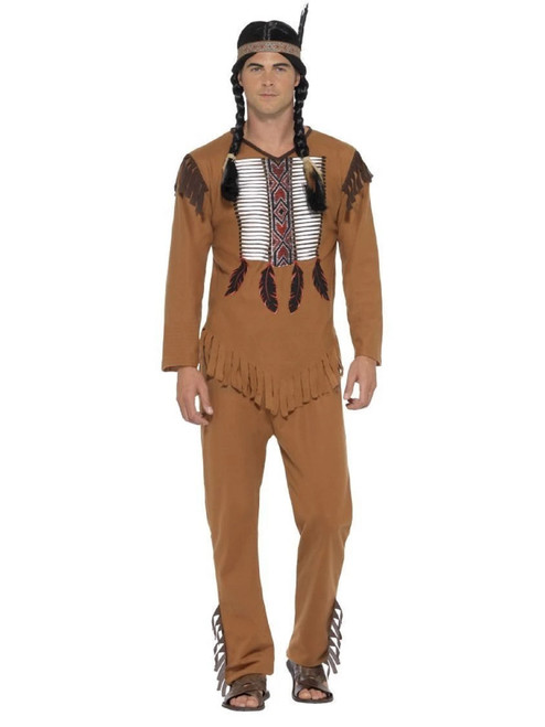 40" Brown and White Native American Inspired Warrior Men Adult Halloween Costume - Large - IMAGE 1