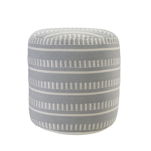 20" Gray and White Striped Round Outdoor Patio Pouf Ottoman - IMAGE 1