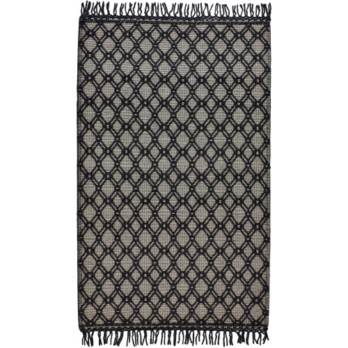7.75' x 9.75' Black and Ivory Geometric Hand Woven Rectangular Wool Area Throw Rug - IMAGE 1