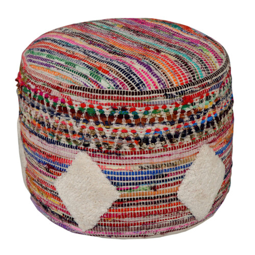 18" Red and Beige Geometric Boho Hand Loomed Round Pouf Ottoman - IMAGE 1