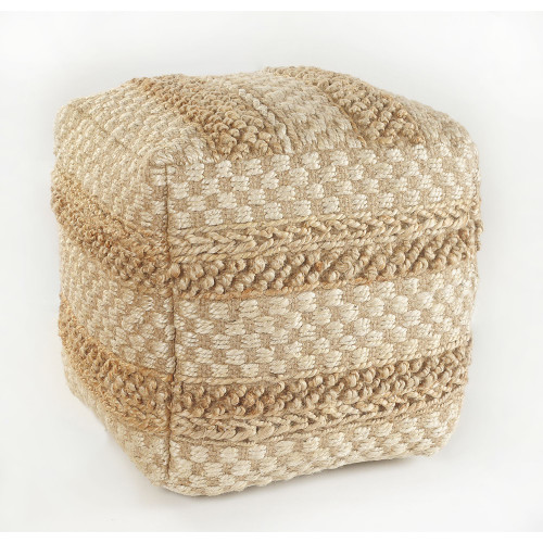 18" Cream and Brown Geometric Textured Square Pouf Ottoman - IMAGE 1