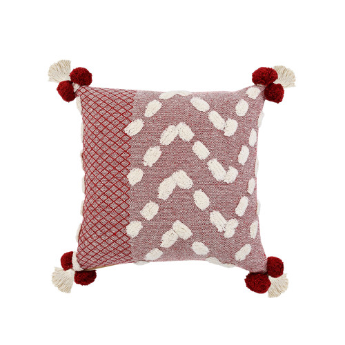 20" Red and White Zeal Pom Square Throw Pillow - IMAGE 1