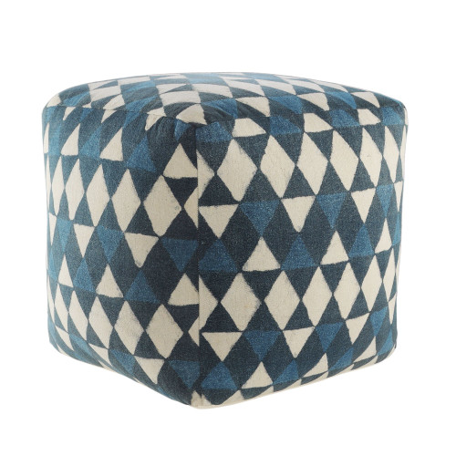 20" Navy Blue and Beige Geometric Handmade Square Pouf Ottoman - IMAGE 1