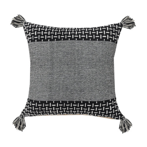 20" Black and White Interwoven Dash Geometric Square Throw Pillow with Tassels - IMAGE 1