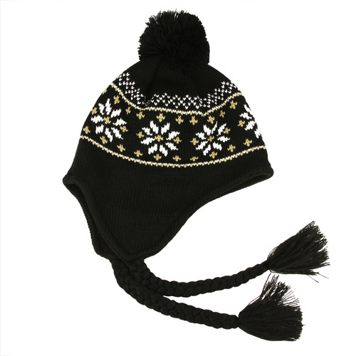 Unisex Black Jacquard Knit Winter Hat with Ear Flaps - One Size - IMAGE 1