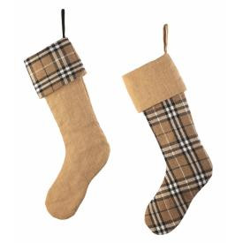 Set of 2 Country Cabin Tan and Black Plaid and Burlap Christmas Stockings 20.5" - IMAGE 1