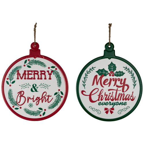 Merry and Bright Ornament Style Metal Christmas Wall Signs - 14" - Red and Green - Set of 2 - IMAGE 1