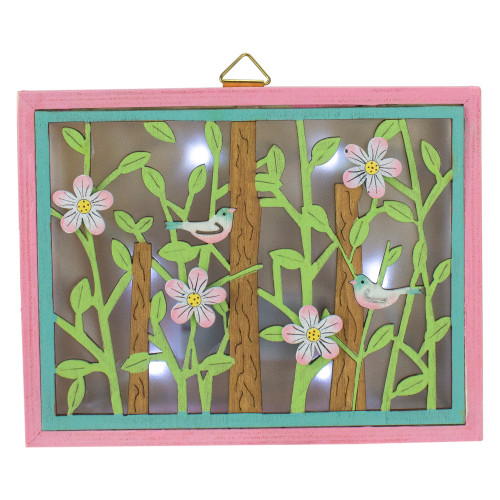 7" Spring Songbird Wooden Green and Pink LED Hanging Shadow Box - IMAGE 1