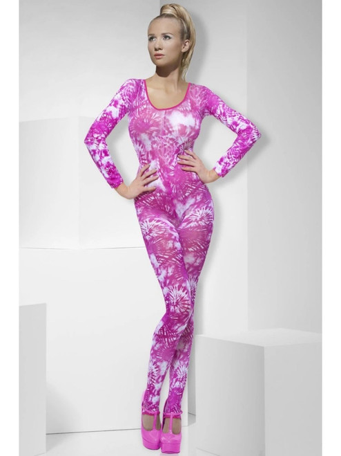 28" White and Pink Tie Dye Women Adult Halloween Bodysuit Costume - One Size - IMAGE 1