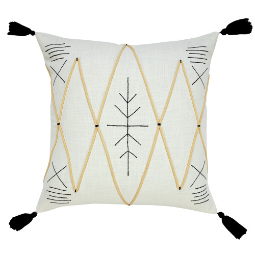 20" Black and White Bohemian Embroidered Square Throw Pillow - IMAGE 1