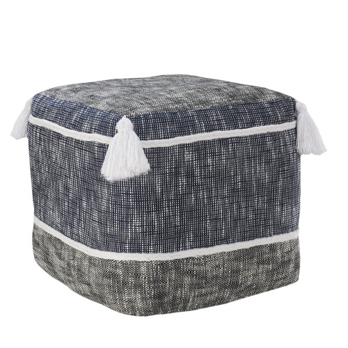 16" Blue and White Distressed Rope Lined Square Pouf Ottoman with Tassels - IMAGE 1