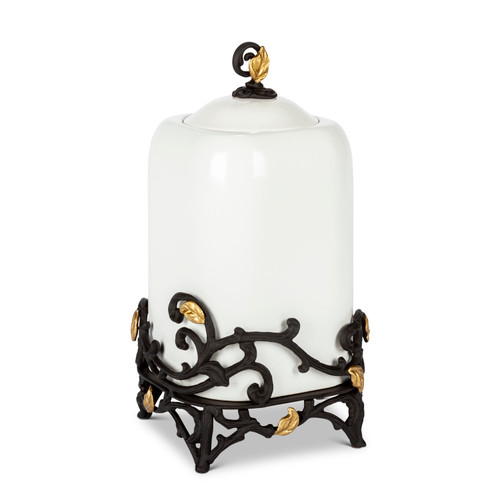14.25" White and Black Round Canister with Gold Leaf Metal Base - IMAGE 1