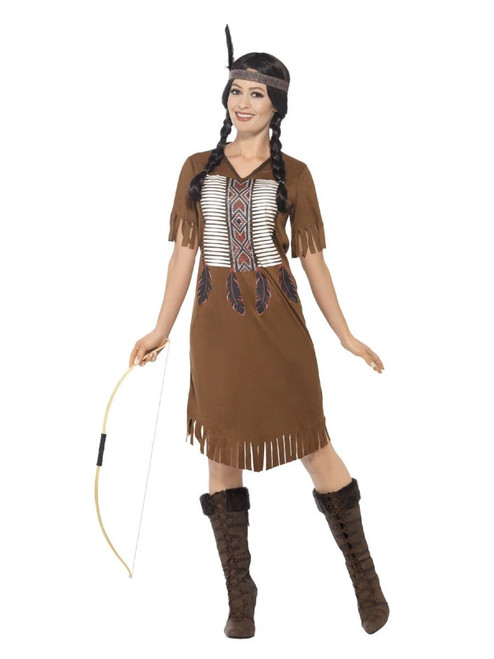 37" Brown and White Native American Inspired Warrior Princess Women Adult Halloween Costume - Large - IMAGE 1