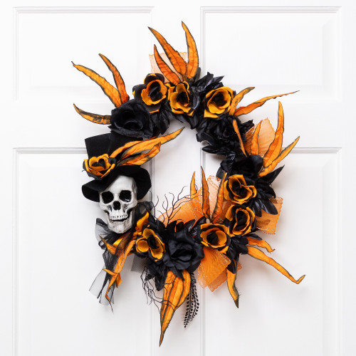 Skull with Roses Artificial Halloween Wreath - 14" - Black and Orange - Unlit - IMAGE 1