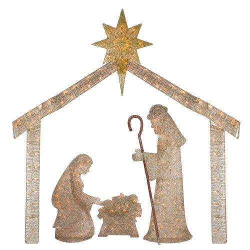 69.5" Pre-Lit Beige and Gold LED Lighted Holy Family Nativity Outdoor Christmas Decor - IMAGE 1