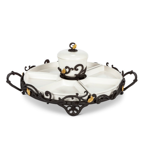 20.75" White and Black Unique Round Lazy Susan with Gold Leaf Metal Base with Handles - IMAGE 1
