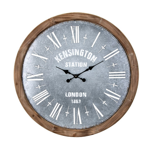 30" Metallic Gray and Wood Brown Clock with Galvanized Finish - IMAGE 1