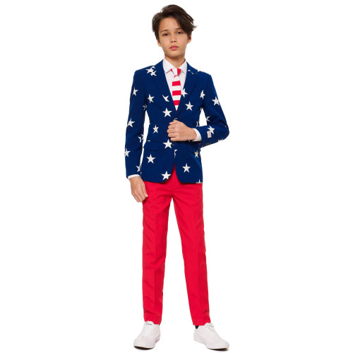Blue and Red Stars and Stripes Americana Teen Boy Patriotic Suit - 12Y - IMAGE 1