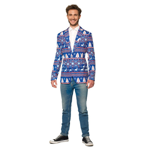 Blue and White Nordic Men Adult Christmas Blazer - Large - IMAGE 1