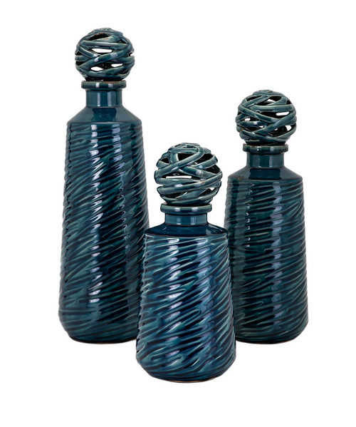 Set of 3 Blue Textured "Jafair" Ceramic Bottles with Stoppers, 19.5" - IMAGE 1