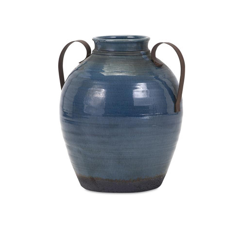16" Small Denim Blue Harrisburg Decorative Vase With Metal Handles - IMAGE 1