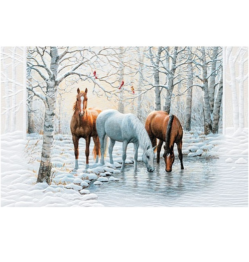 Set of 16 Horses by an Icy Pond in a Snowy Forest Christmas Greeting Card 5.38" x 8.25" - IMAGE 1