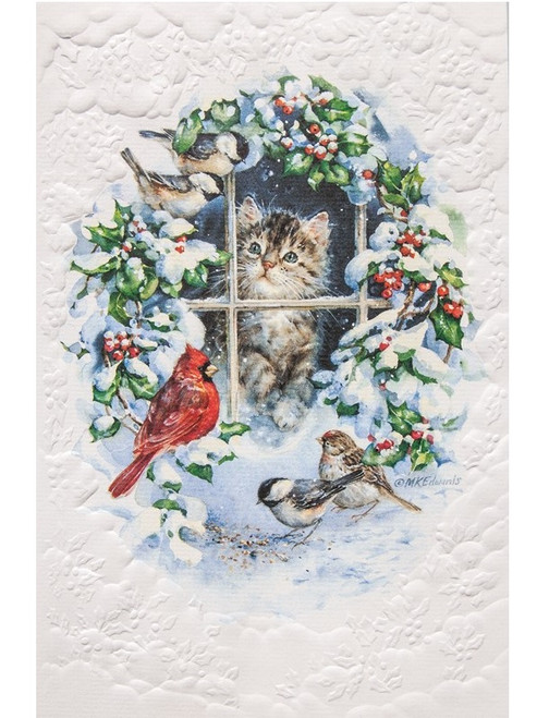 Set of 16 Kitten and Winter Birds Christmas Greeting Card 5.25" x 8.5" - IMAGE 1
