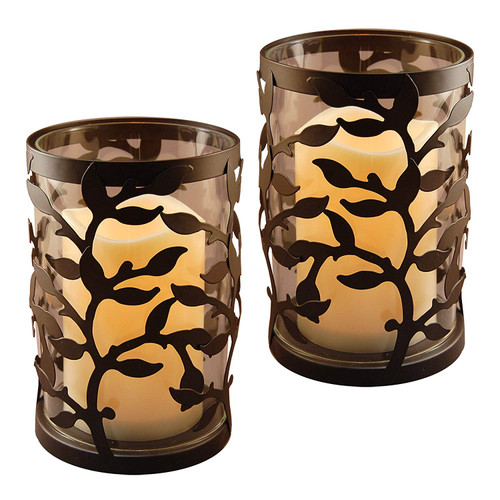 Set of 2 Black Metal Tree-Designed Lantern with Battery Operated LED Candle 6.5" - IMAGE 1