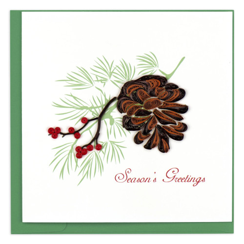 6" Green and White "Season's Greetings" Holiday Pinecone Square Christmas Greeting Card - IMAGE 1
