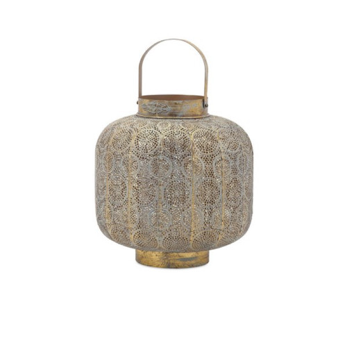15.5" Distressed Gold Chinese Style Pierced Metal Pillar Candle Hanging Lantern - IMAGE 1